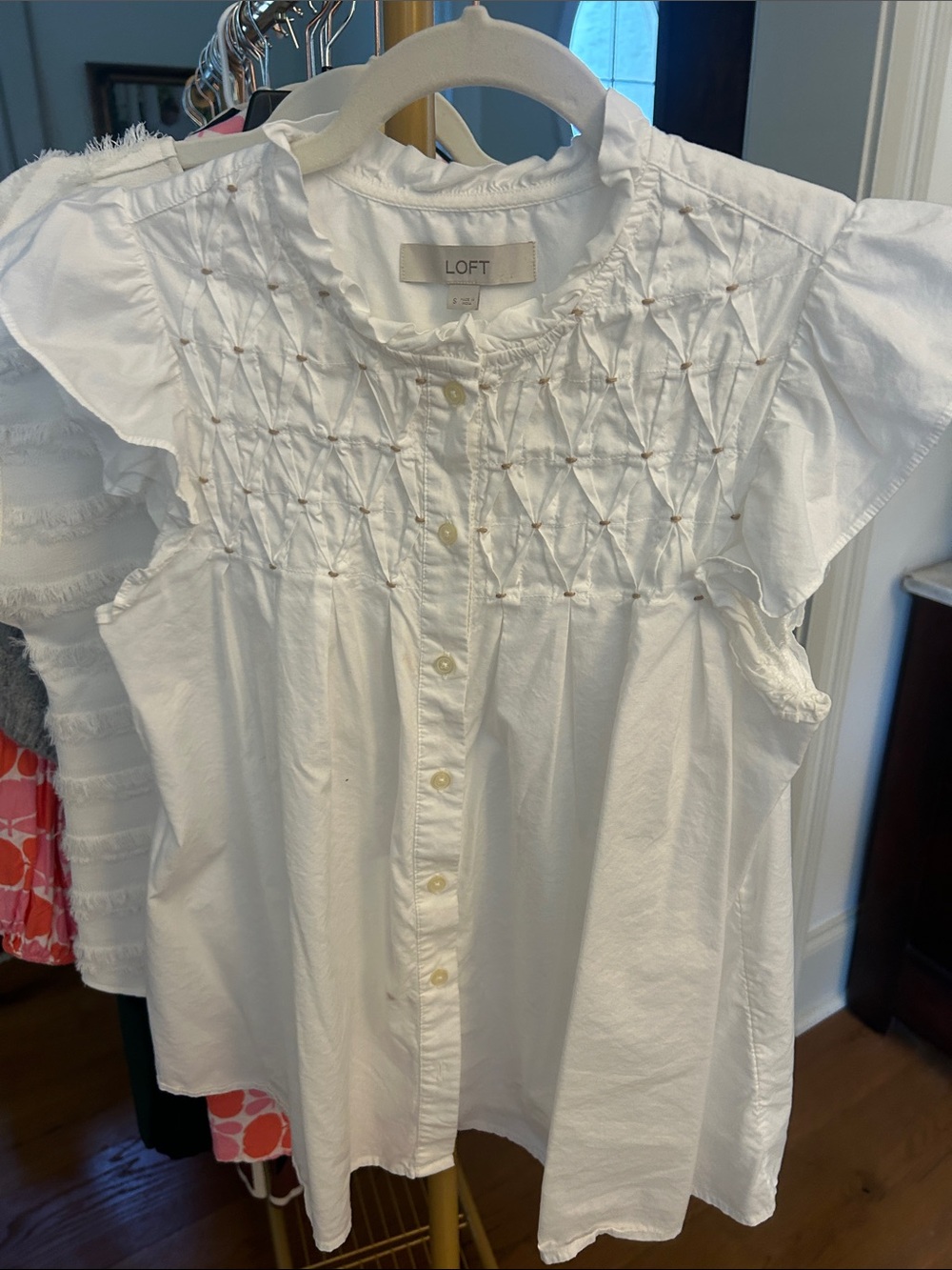 LOFT White Smocked Flutter-Sleeve Button Front Blouse